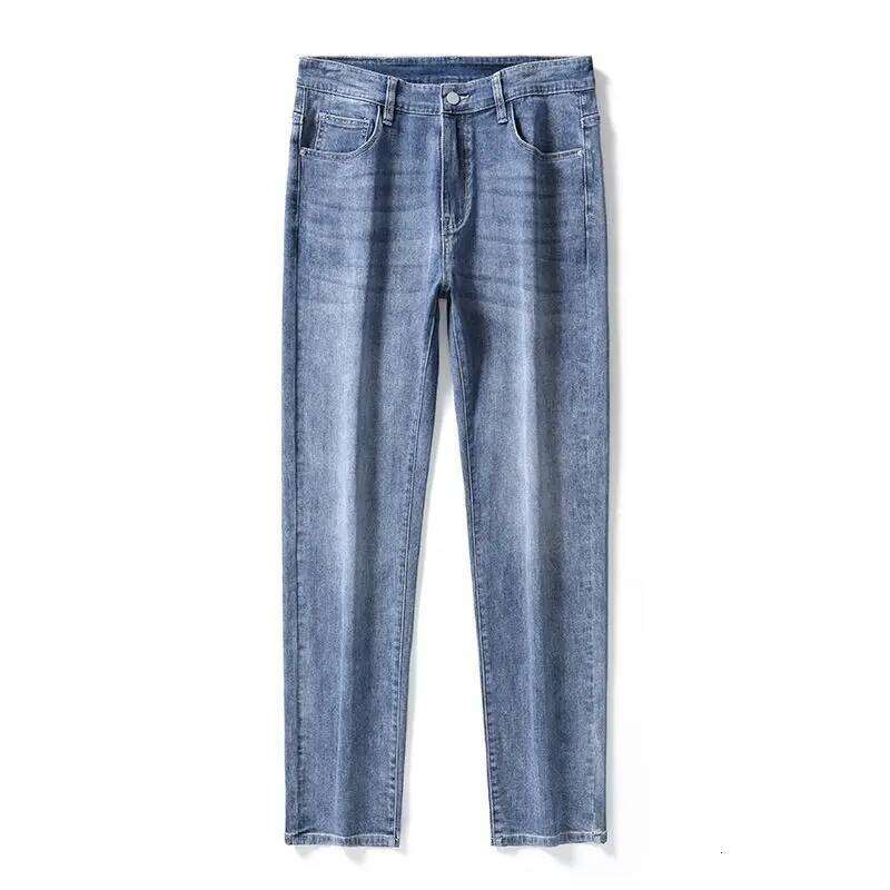 Korean Fashion Men's Soft Stretch Slim Fit Jeans Business Casual Straight Denim Pants Classic Brand Washed Blue Gray Trousers 26Y0312