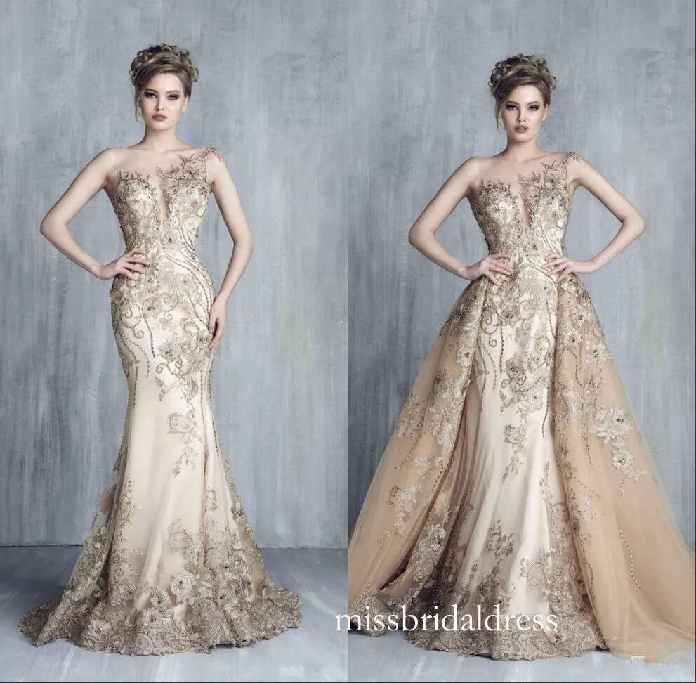 Tony Chaaya Evening Dresses With Detachable Train Champagne Beads Mermaid Prom Gowns Lace Applique Luxury Party Dress Vestidos De Novia D0312
