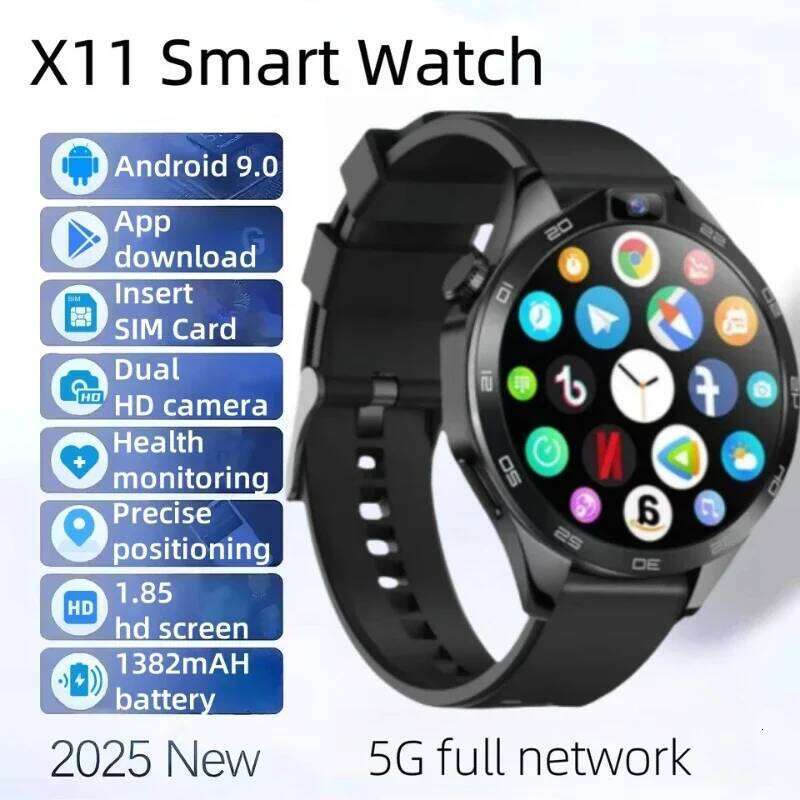 X11 4G Smartwatch for Men, 1.85" Screen, Android OS, 8GB+ 128GB, Dual Camera, Wi-Fi, GPS, 1380mAh Battery, SIM Card Support