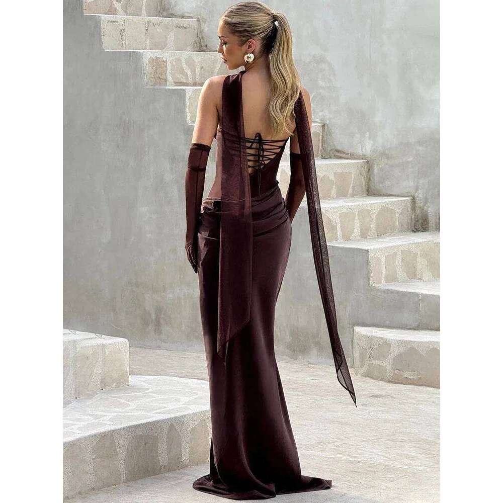 Off-shoulder Backless Sexy Maxi Dress Women Gown Elegant Scarf Collar Strapless Sleeveless Bodycon Club Party Dresses C260312
