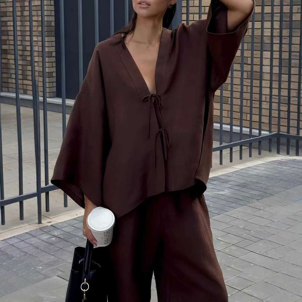 Spring Summer New Casual Cotton Suit Lace Up Top Wide Leg Pants European And American Cross Border