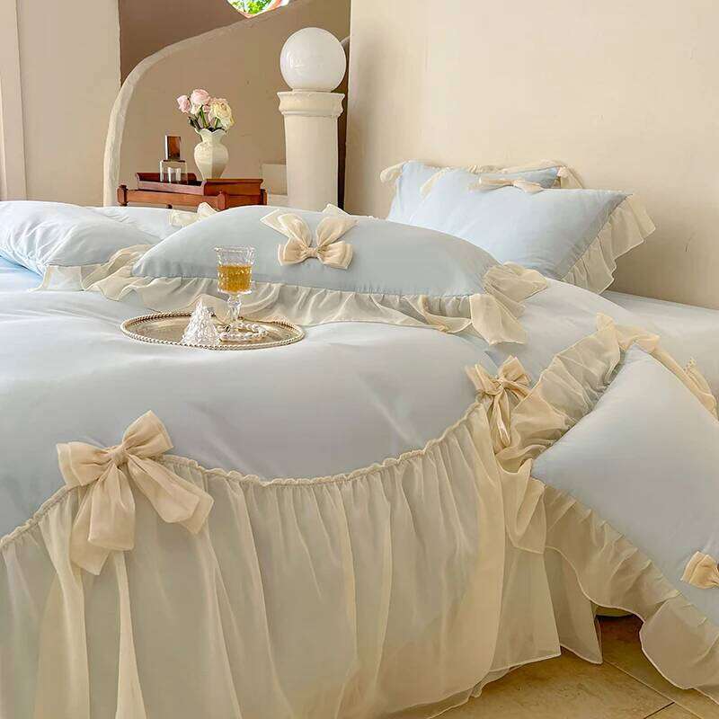 French Princess Style Bedding Sets Ruffle Lace Bow Quilt Romantic Wedding Bedclothes Decor Woman Girls Bedroom Duvet Cover H260312