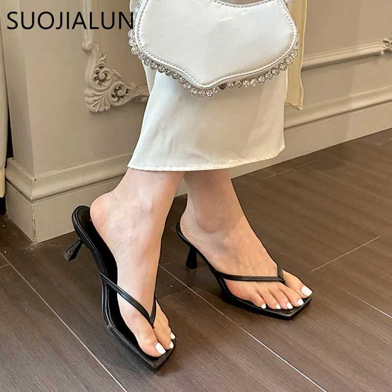 SUOJIALUN 2023 Summer Thin High Heel Women Slipper Fashion Narrow Band Slip On Ladies Flip Flop Outdoor Dress Sandal Slides Shoe K260312