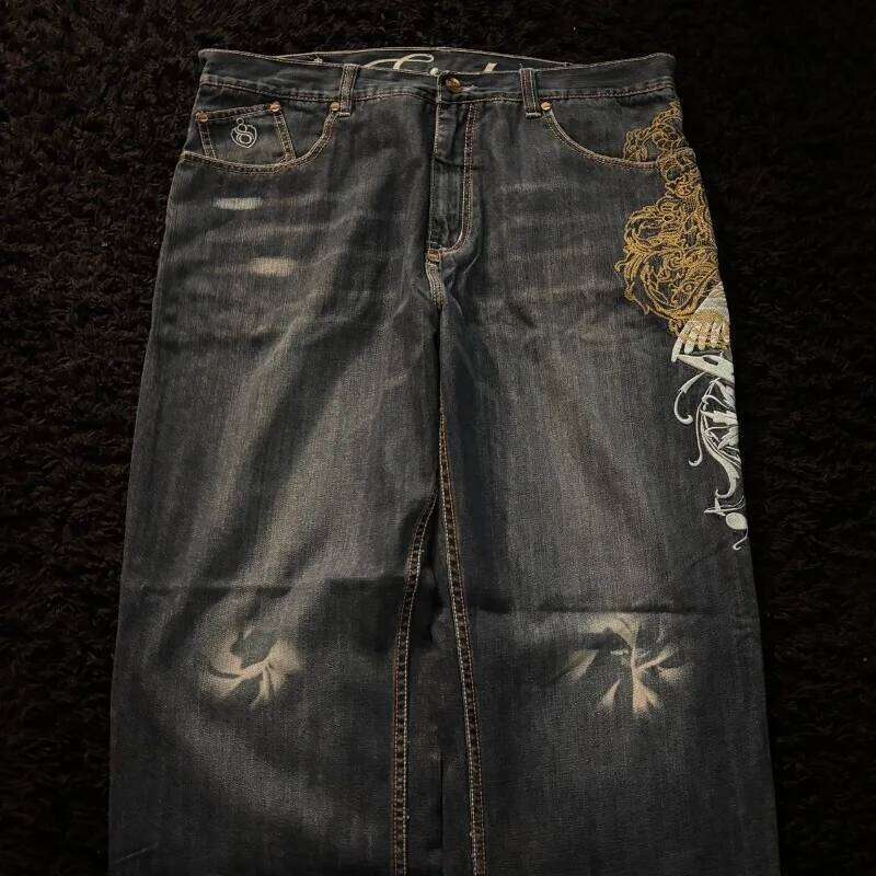 American New Fashion Oversize Pattern Embroidered Baggy Jeans Men Y2K Gothic Harajuku Hip Hop Straight High Waist Wide Leg Pants 26Y0312