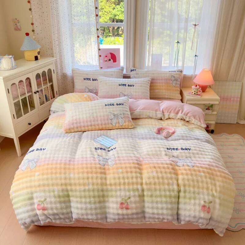 2025 New Printed Bubble Milk Fleece Four-piece Set Home Student Dormitory Cartoon Thickened Sheet Quilt Cover Kit H260312