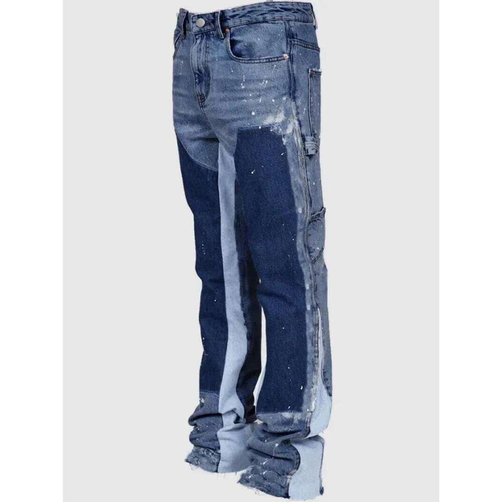 Y2k Men Painting Baggy Fashion Work Wear Popular Stretch Patch Denim Stacked Flare Jeans Pants 26Y0312