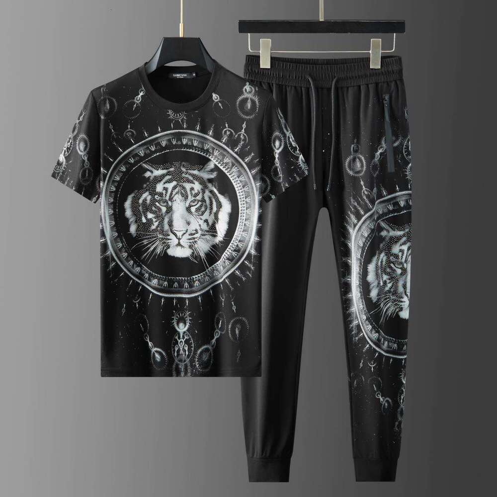 2026 Summer New Black Sports Casual Youth Long Pants Trendy Brand Tiger Head Rhinestone Short-Sleeve Men's T-Shirt Set WKERSIY