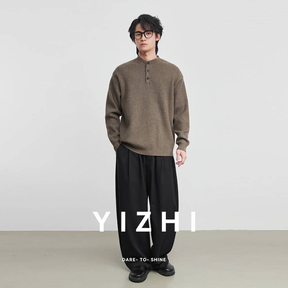 Fashion Men's 7-needle Henley Collar Vertical Knit Sweater 2026 Spring New Loose Solid Color Versatile Long Sleeve Pullover