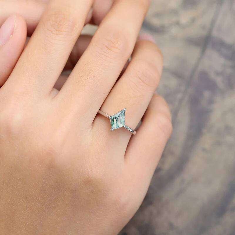 925 Sterling Silver Kite Shaped Moss Agate Engagement Ring Vintage Solitaire Rings for Women Unique Wedding Bridal Promise Gifts H260312