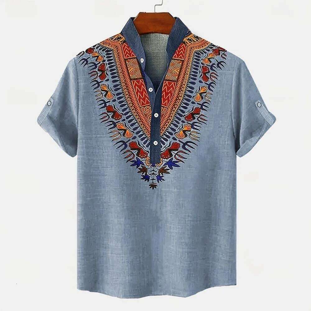 New retro men's linen short sleeved shirt with digital printing, fashionable trend, street outdoor, casual and comfortable