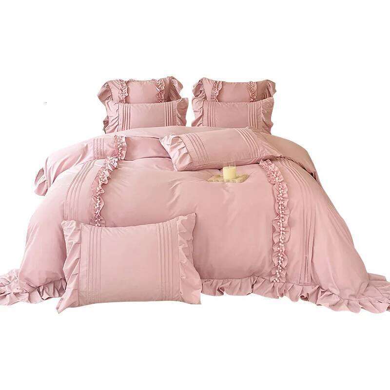 4Pcs Korean Princess Style Cotton 100% Bedding Set Duvet Cover 200x230 220x240 Solid Color Lace Bed Sheet pillowcases H260312