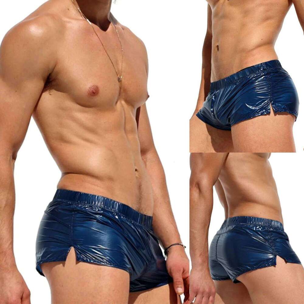 Mens Glossy Swimming Trunks Low Rise Sides Slit Solid Color Slim Fit Shorts Male Swimwear Swimsuit Pool Party Nightclub Costume Z260312