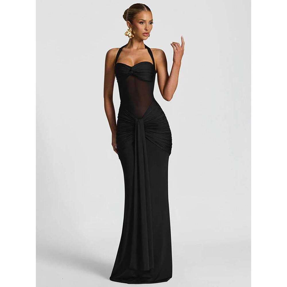 kliou Patchwork Elegant Women Maxi Dress Classic Sexy Sheer Ribbons Halter Backless Bodycon Female Trend Festival Evening Wear C260312