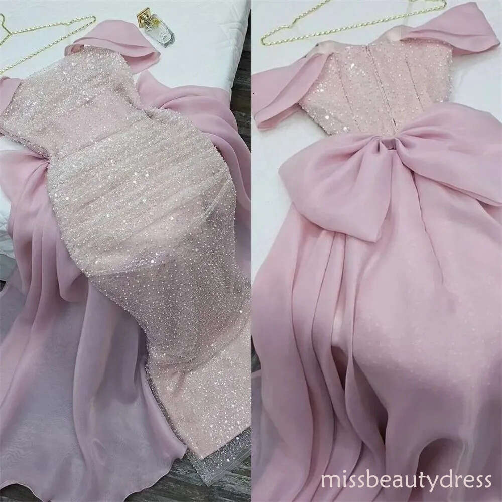 Elegant Pink Mermaid Evening Dress 2026 Off-the-shoulder Sequins Beads Organza Women Prom Formal Gowns Vestidos Feast Robe De Soiree M12