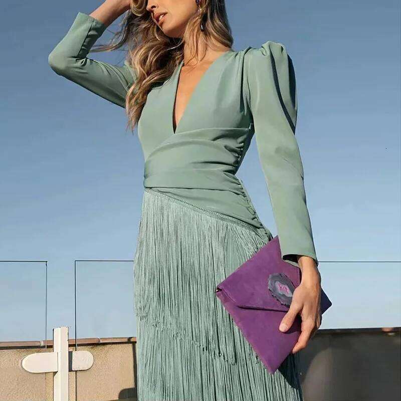 French Elegant Deep V Neck Slim Prom Dresses 2025 Spring Solid Spliced Tassel Woman Long Sleeve New Autumn Maxi Dress C260312