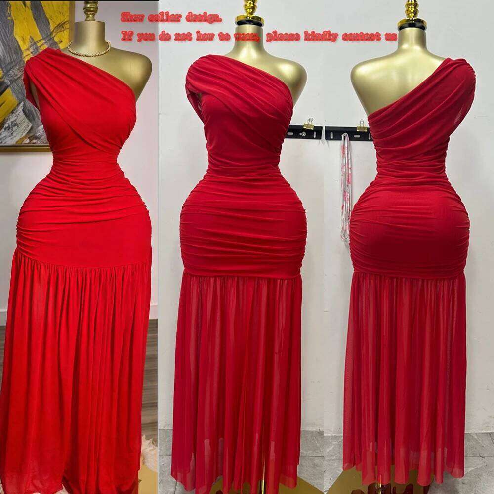 Stylish Evening Sexy Club Party Holiday Maxi Dress for Women Elegant Skew Neck One Sleeve Off Shoulder Mesh Slit Long Dresses C260311