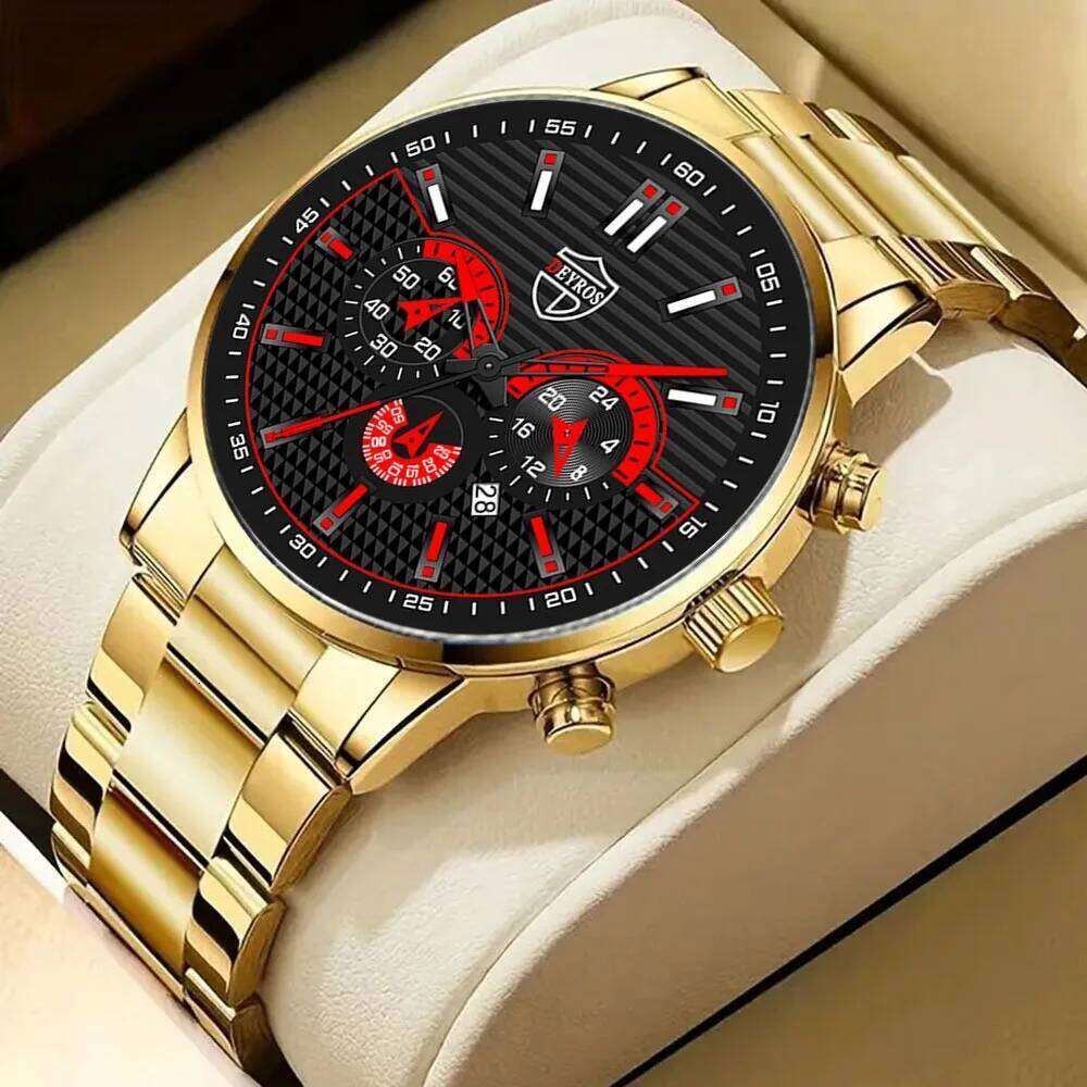 2Pcs/set Business Casual Round Quartz Alloy Strap Case Suitable for festivals or daily wear Men's Fashion Watch Set
