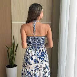 European and American Cross-Border Bohemian Women's Clothing Vacation Style Summer Fashion Slit Sexy Printed Tie Strap Tube Dress