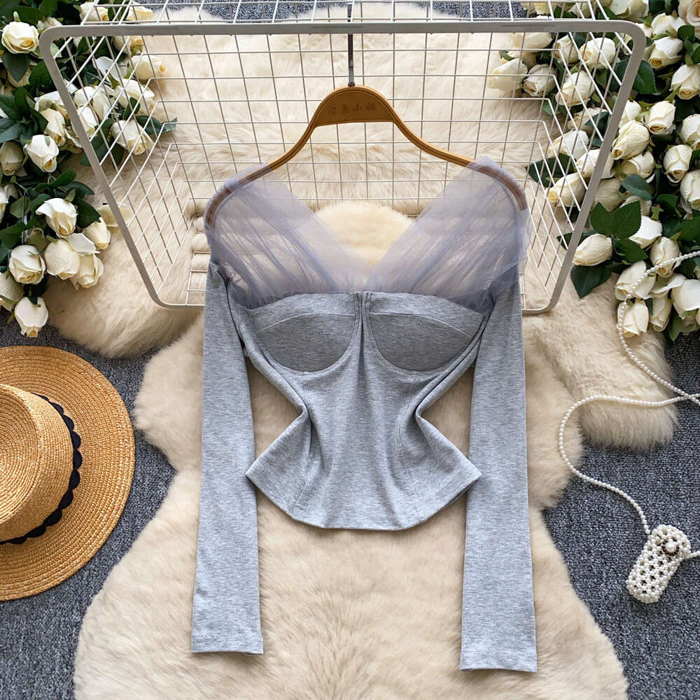 Designer spicy girl mesh patch long sleeved women's T-shirt for autumn 2026, high-end slim A12 fit fashion base
