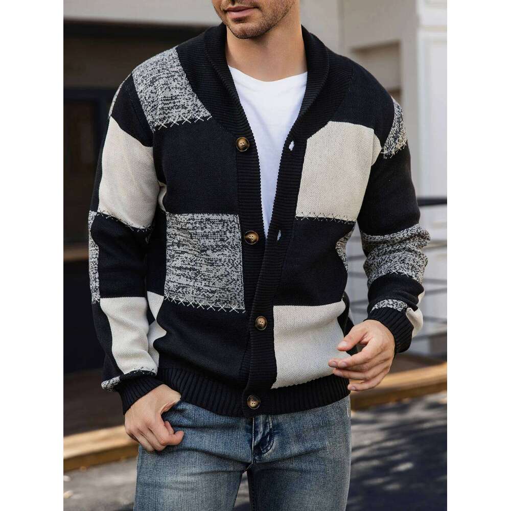 Men's Autumn Winter Cardigan Sweater, Black-White-Gray Plaid Color Block, Casual and Versatile Knitted Jacket