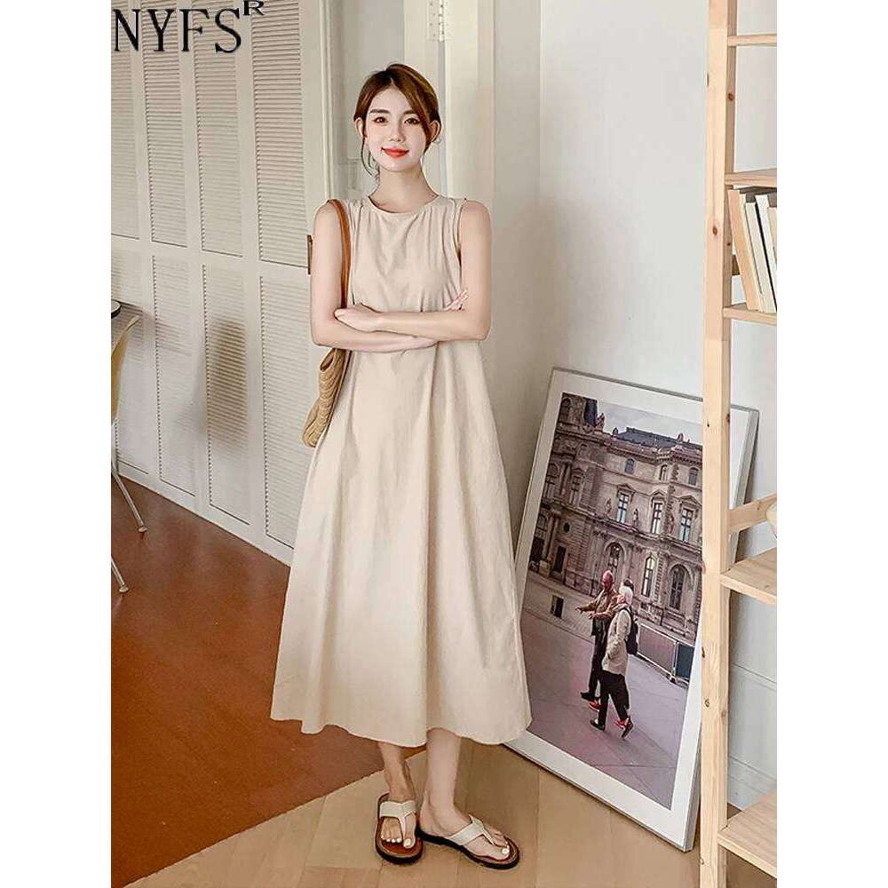 NYFS 2025 Summer New Korea Woman Vestidos Robe Elbise Loose Plus Size Solid Sleeveless Backless Long Dress L-4XL C260312