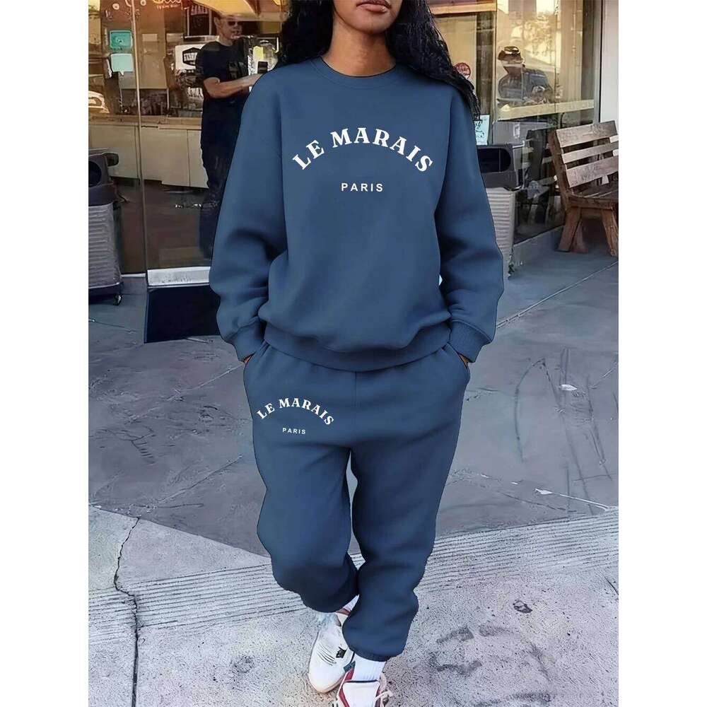 2 Pcs Hoodies Set Womens Le Marais Paris Prints Sweatpants Casual Loose Fleece Sweatshirt Jogging Outfits Winter Pocket Clothes C260312
