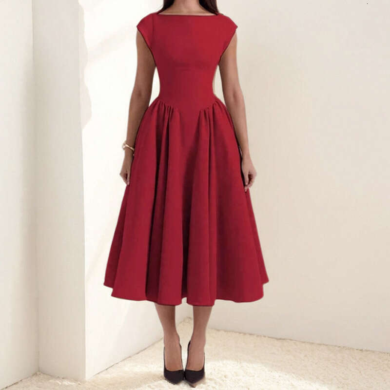 European and American cross-border women's clothing 2026 spring new elegant solid color backless patchwork waist-cinching mid-length dress