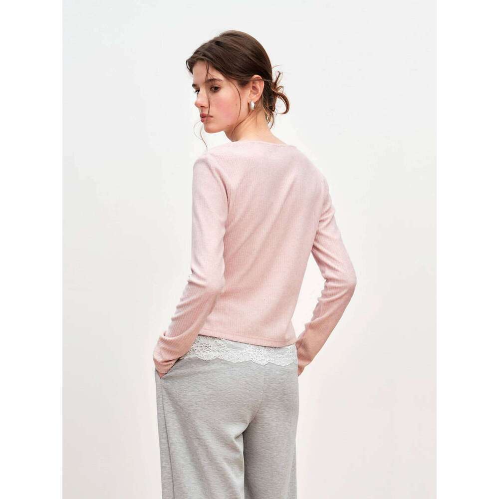 FSLE Autumn Winter Women's Contoured Fit Mock Layer T-Shirt - Textured Lace Trim Knit Base Top With Slimming Silhouette MAKOUFEI