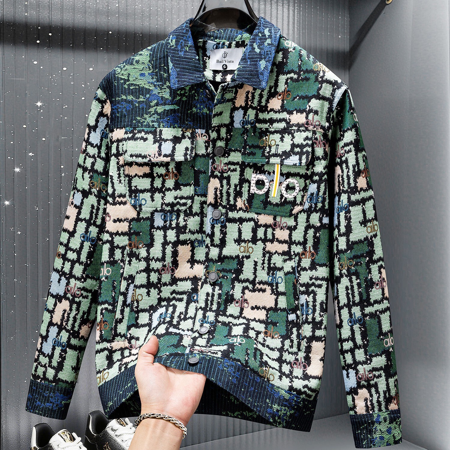 Luma hop American Style Trendy Brand Letter Embroidery Tie-Dye Color Block Men's 2025 New Autumn Turn-Down Collar Fashion Jacket Top