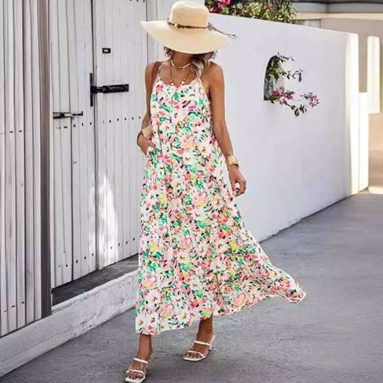 2024 New Summer Women's Bohemian Long Dress Fashion Sexy Printed Beach Vacation Suspender Skirt for Women C260312