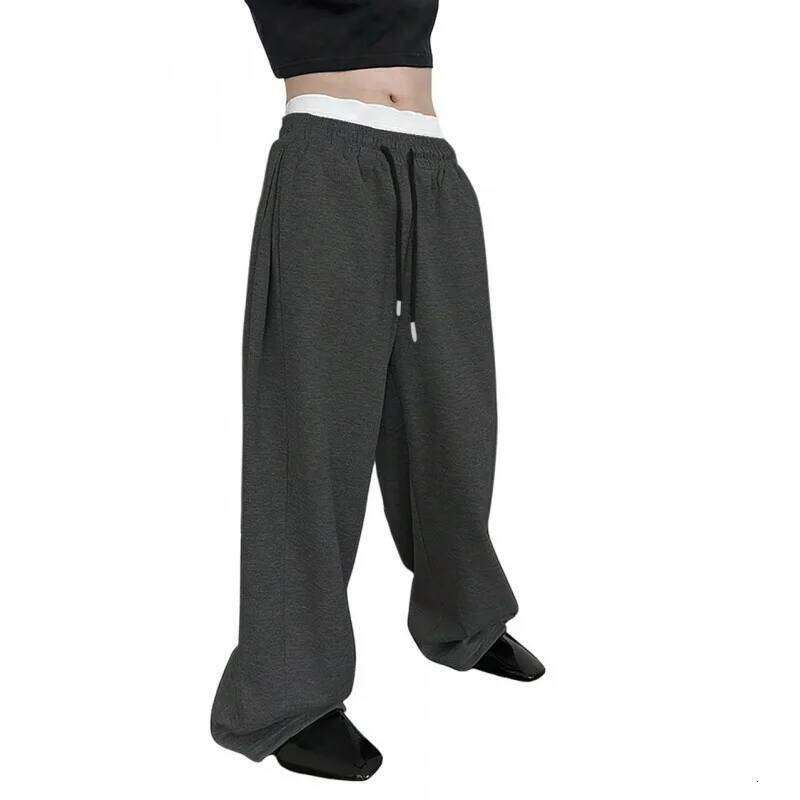 Men's Solid Color Sanitary Pants 2025 Drawstring Waist Straight Wide Leg Loose Fit with Pockets Versatile Sports Trousers