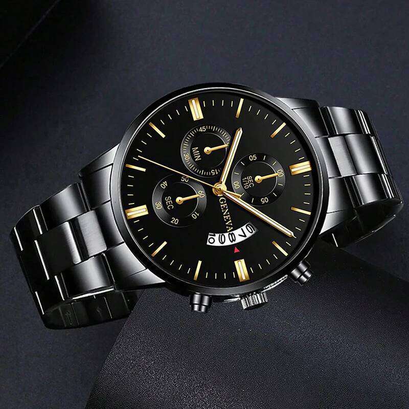 2pcs Fashion Men's Casual Business Sports Stainless Steel Quartz Wristwatch Calendar Male Classic Bracelet Set Luminous Clock