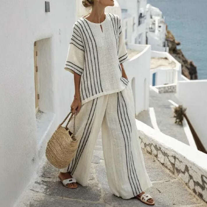 European And American Style Clothing Round Neck Striped Short Sleeve Linen Cotton Top Casual Pants Women