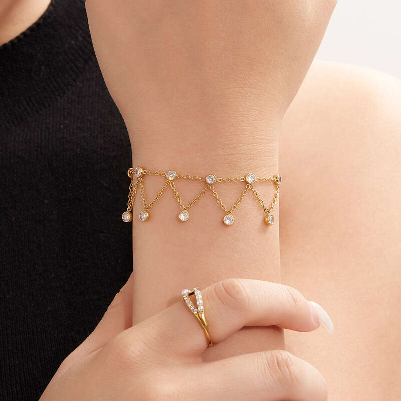 Women's Minimalist Bracelet: INS Style Full Zircon Tassel Women's Bracelet, 18K Real Gold Non-fading Elegant Vintage Daily Jewelry