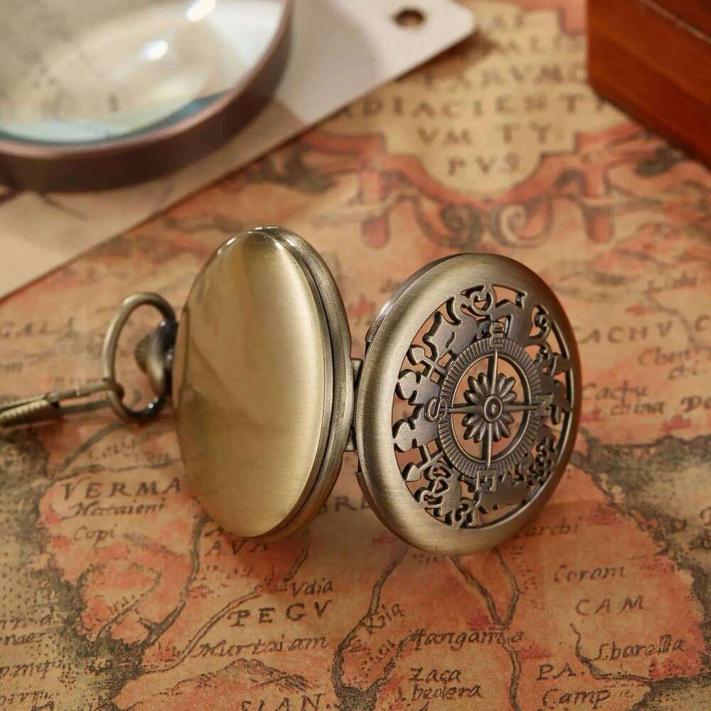 Creative Hollowed Out Classic Flip Compass Outdoor Hiking Chain Pendant Men Women Pocket Watch Reloj