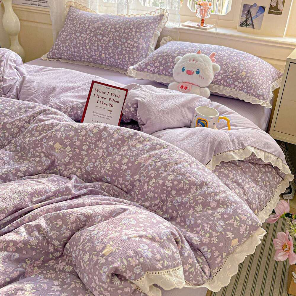 INS Princess Bedding Ruffle Lace Quilt Romantic Bedclothes Woman Girls Home Decor Duvet Cover Set Korean Style Floral H260312