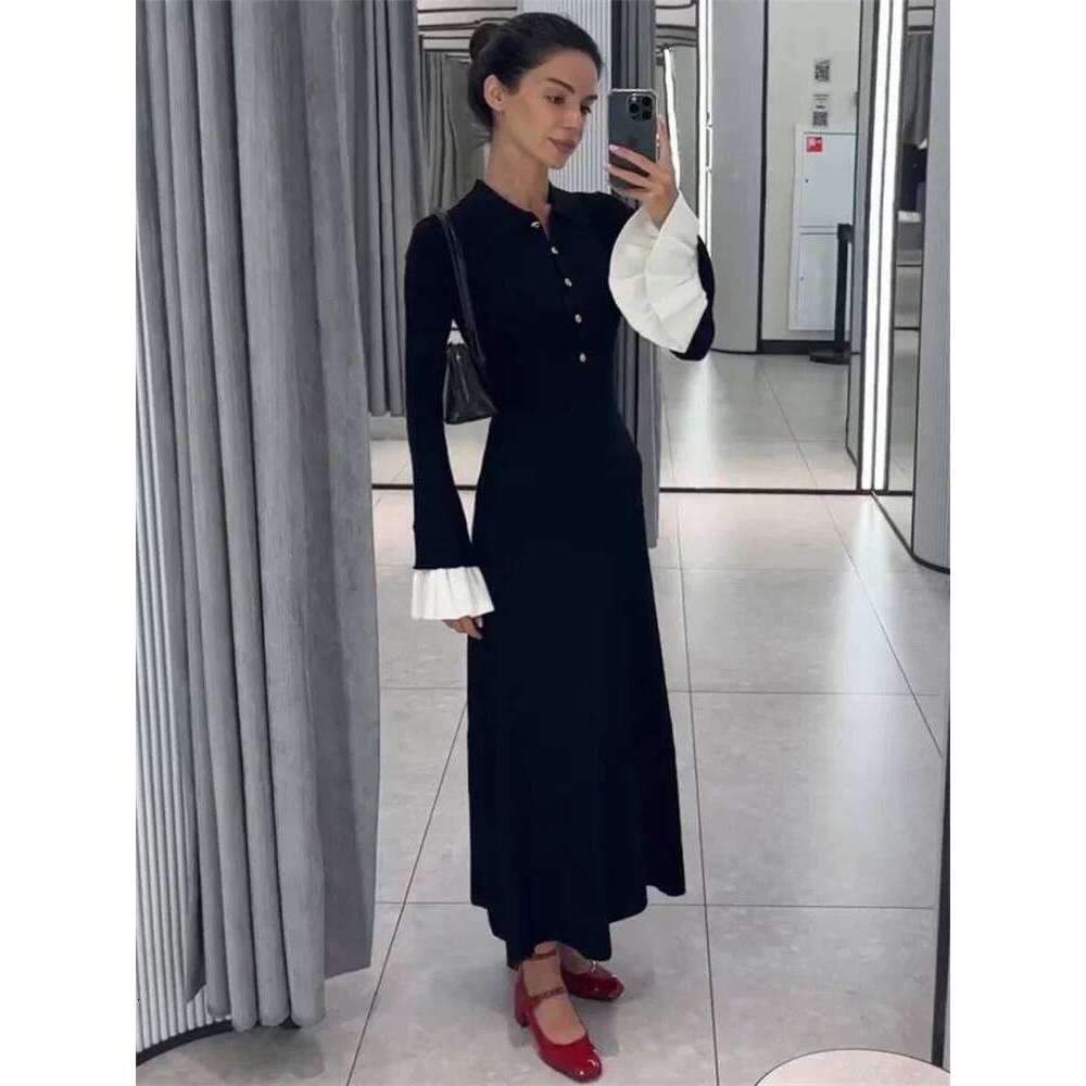 Tossy Female Ruffled Knitwear Long Fashion Patchwork Slim Contrast Lapel Casual Party Gown Women's Knit Maxi Dress C260312
