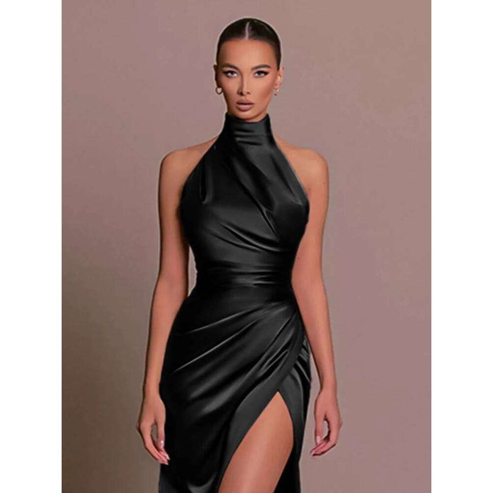Summer Elegant Party Evening Sexy Women Sleeveless Long Halter Dress Fall Backless High Split Bodycon Maxi Dresses Black C260312