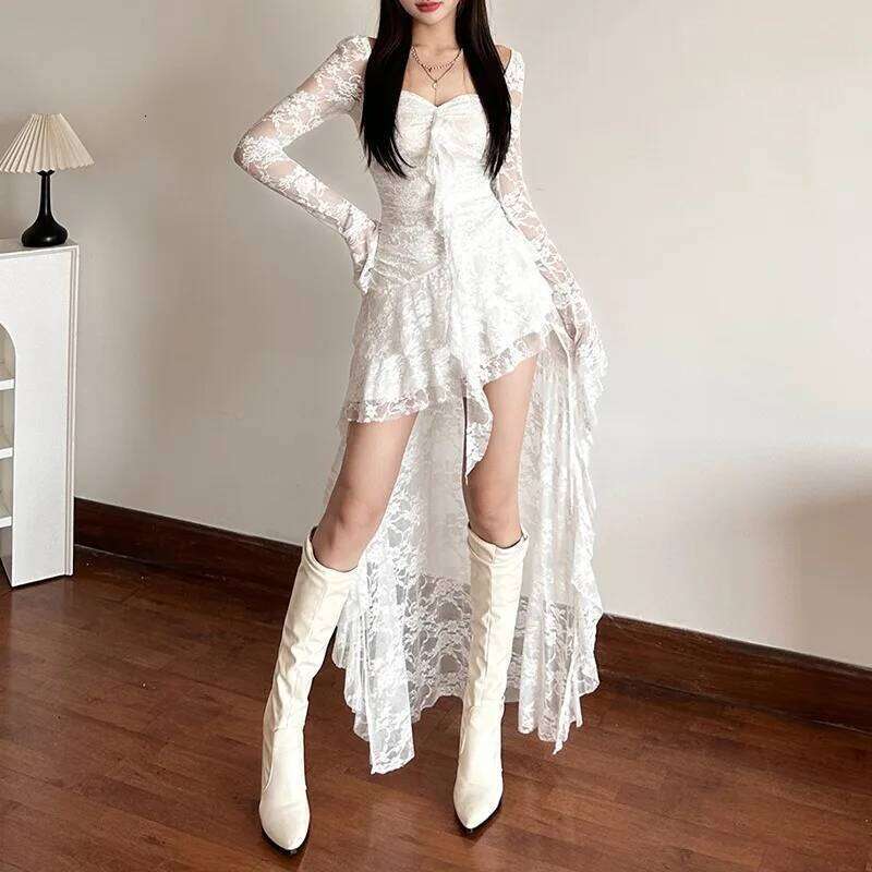 Goth Dark Fairycore Lace Flare Sleeve Square Neck A-line Dress Sweet E-girl Irregular Long Hem Dresses Cyber Y2K Party Vestido C260312