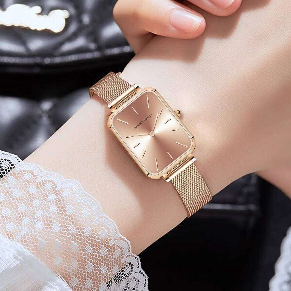 Square Women Stainless Steel Mesh Strap Watch Japanese Movement Rose Gold Simple Leisure Fashion Hannah Martin Watches