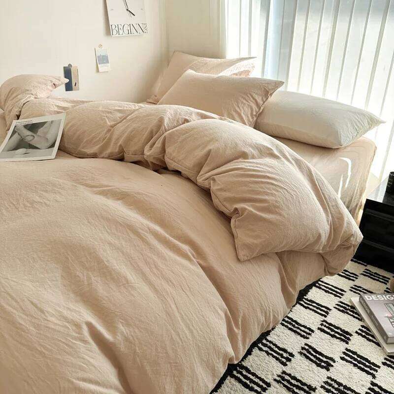 Bed Linen Solid Cotton Bedding Set with Sheet Duvet Cover Pillowcases Single Couple Bedsheet King Queen Double Twin Size H260312