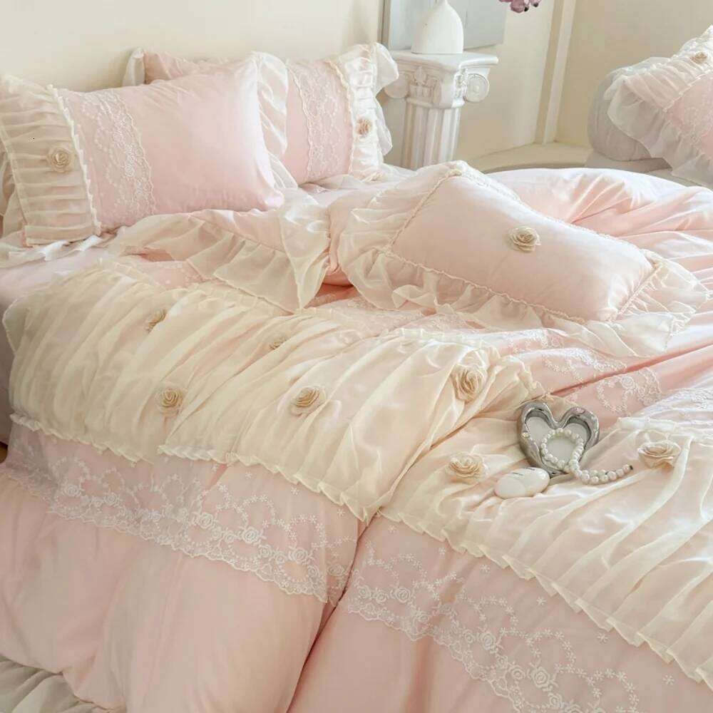 Princess Style Lace Ruffles Wedding Bedding Korean Soft Rose Flowers Four-Piece Set Duvet Cover Bed Sheet Pillowcase 4Pcs H260312