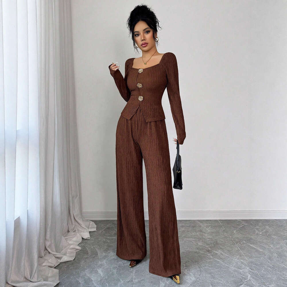 European And American New Style Knitted Textured Solid Color Square Collar Metal Rose Buckle Slim Fit Fashion Suit For Women