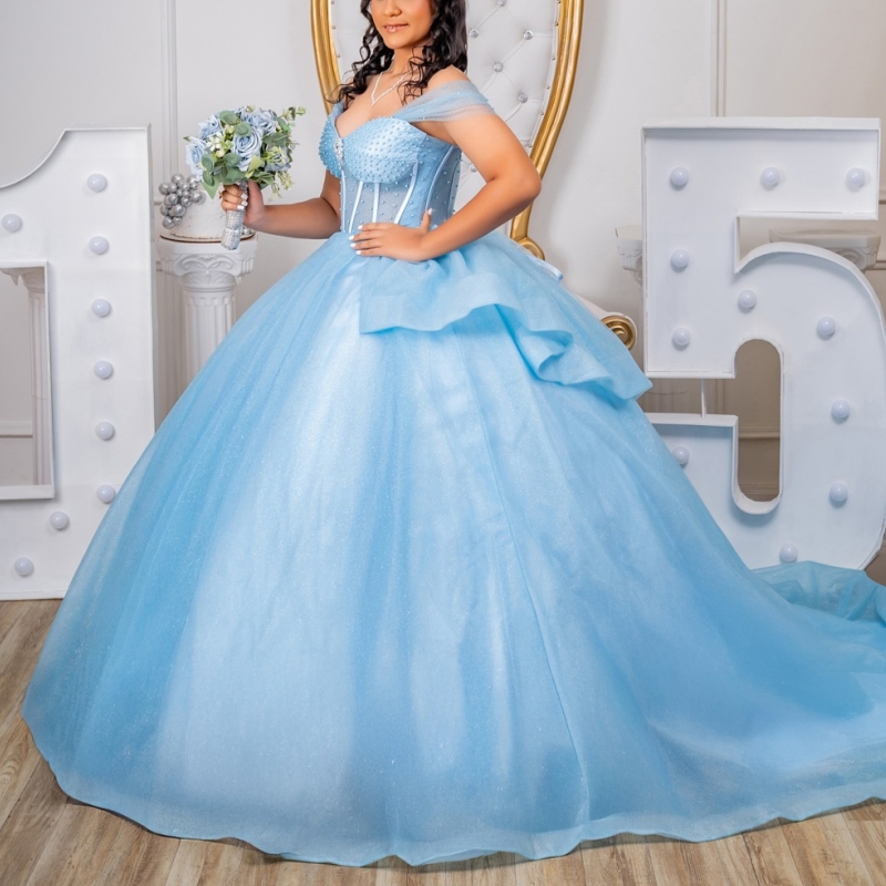 Sky Blue Shiny Ball Gown Quinceanera Dresses 2026 Beading Crystal Tull Corset Off Shoulder Sweet 16 Dress Vestidos De 15 Anos