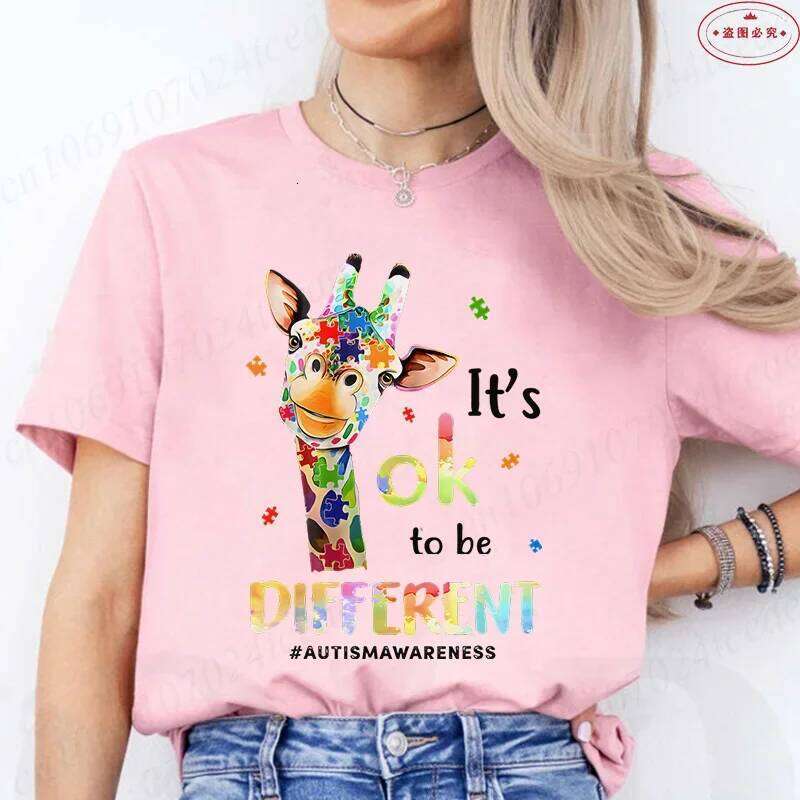 Its Okay To Be Different Giraffe T-Shirt for Women Autism Awareness Acceptance Summer Short Sleeve Tees Graphic Y2k Tops Z260312