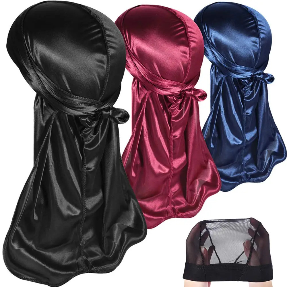 3 Pcs Silky Durag Headwraps Durag for Men Women With Free Waves Cap Durags Pack with Long Tail and Wide Straps Bandanas 260304