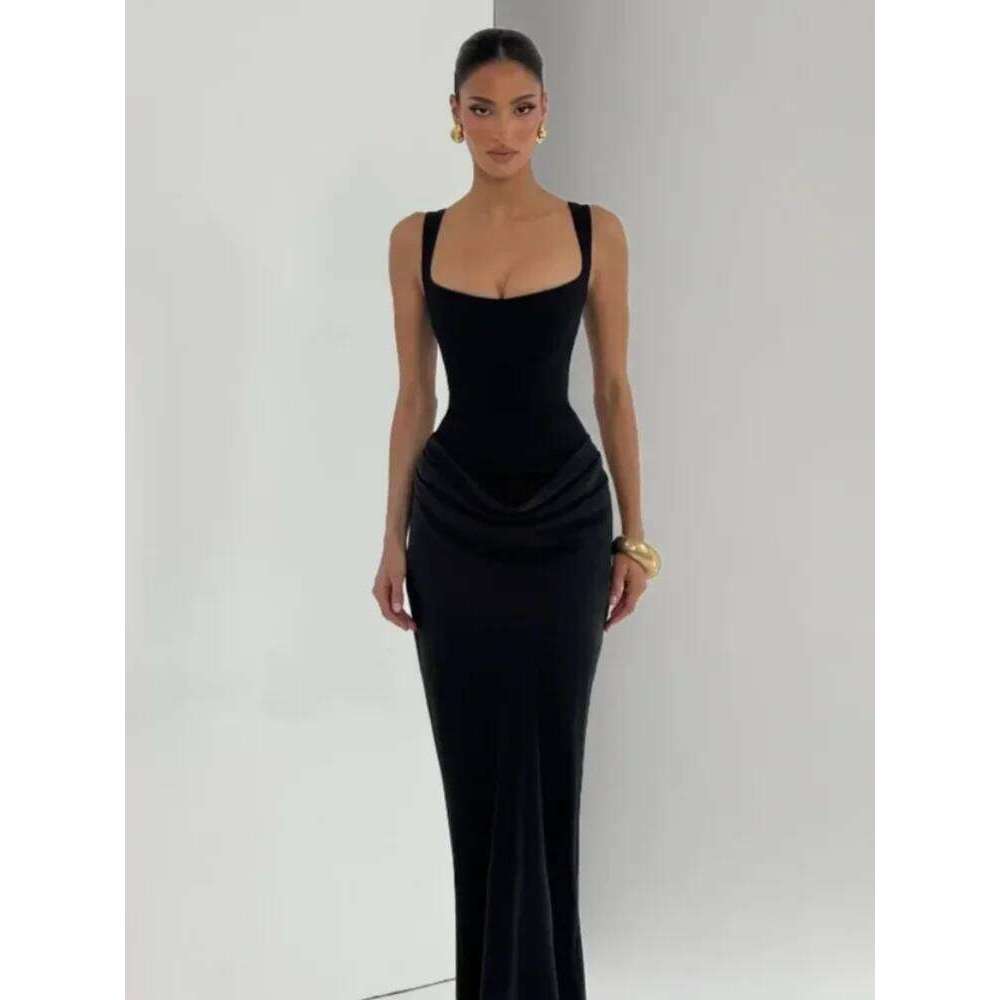 Solid Pleated Sling Dress Square Neck Sleeveless Off-shoulder Waist Cinching Slim Women Dresses Fashion Evening Party Gown 2025 C260311