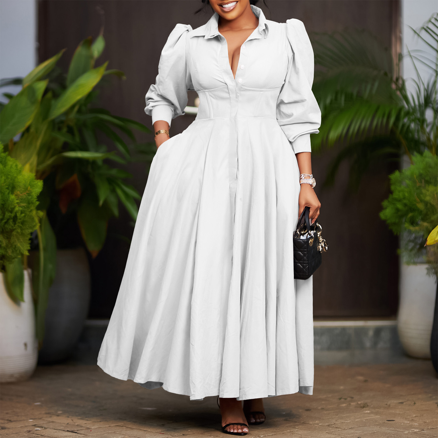 D570 Womens Elegant Long Sleeve Flared Shirt Dress Fashion Solid Color Mid-Length Dress