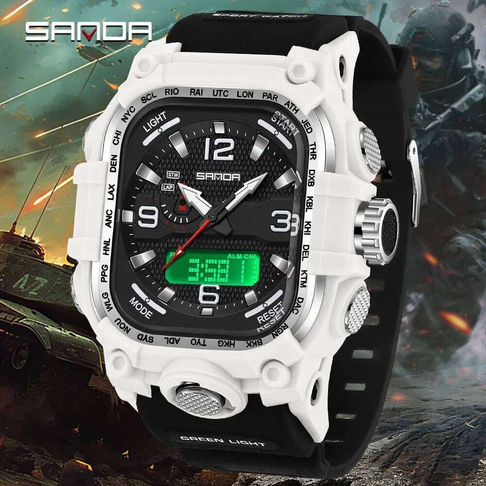 SANDA 2026 Men's Electronic Watch Multifunctional Luminous Alarm Clock Calendar Stopwatch Dual Display Digital Watches for Man