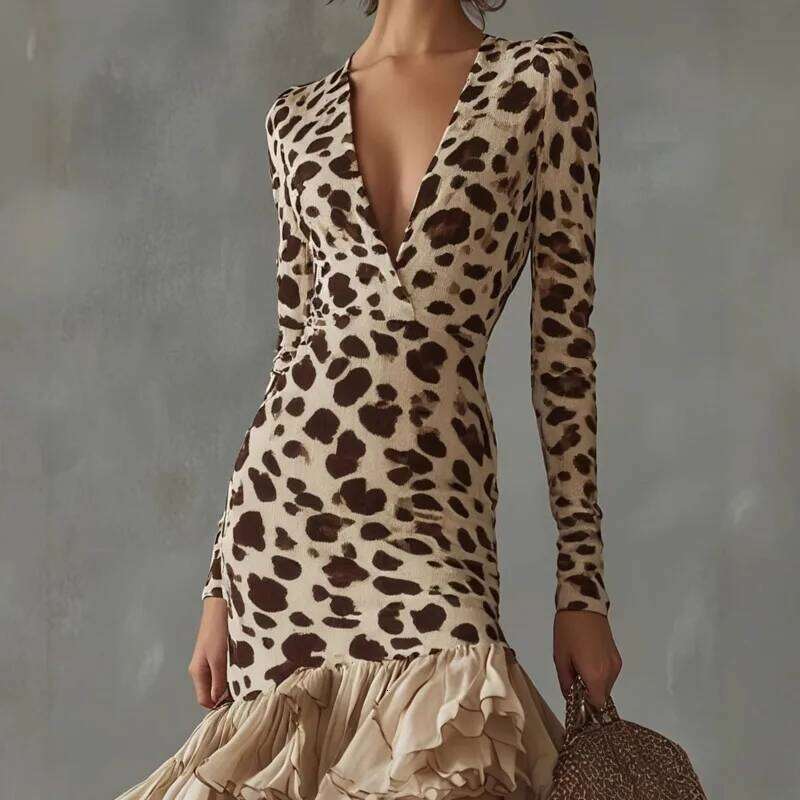 V-Neck Print Stone Pattern Patchwork Mesh Women's Autumn Sleeve Layered Irregular Skirt Banquet Long Dress For Dating C260311